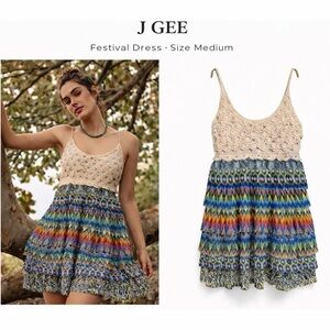 J Gee Multicolor Crochet Boho Festival Dress Size M Tiered Sundress